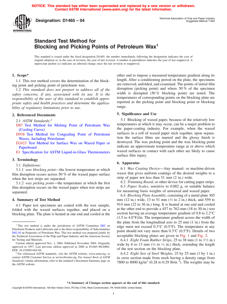 ASTM D1465-04 - Standard Test Method for Blocking and Picking Points of Petroleum Wax