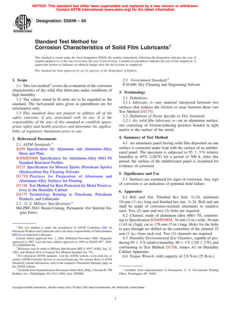 ASTM D2649-04 - Standard Test Method for Corrosion Characteristics of Solid Film Lubricants