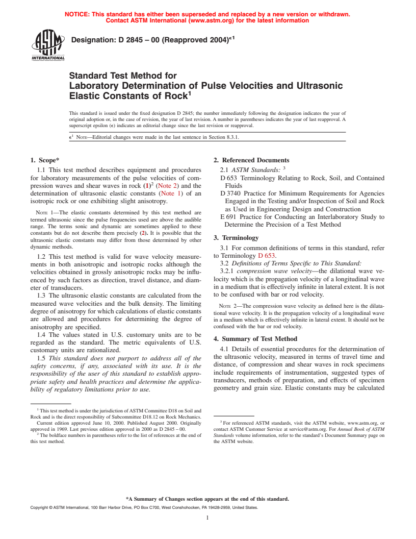 ASTM D2845-00(2004)e1 - Standard Test Method for Laboratory Determination of Pulse Velocities and Ultrasonic Elastic Constants of Rock