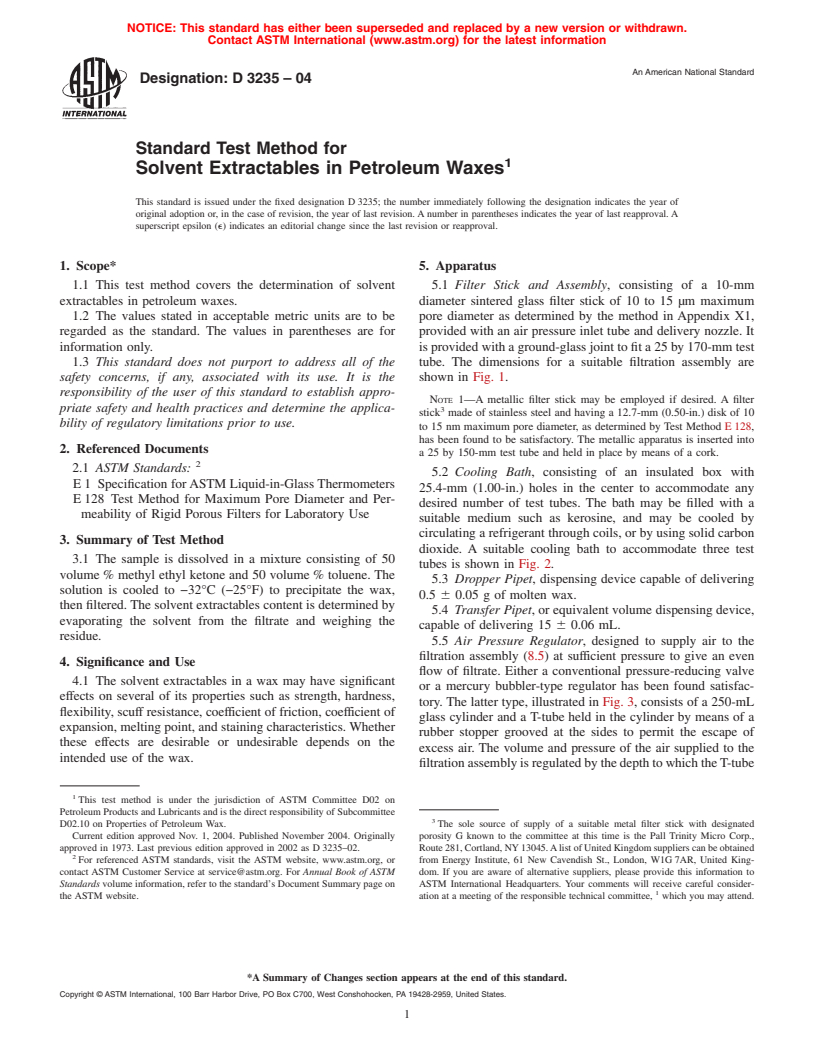 ASTM D3235-04 - Standard Test Method for Solvent Extractables in Petroleum Waxes