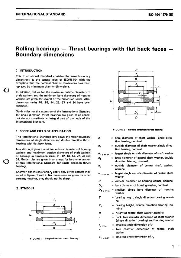 ISO 104:1979 - Rolling bearings -- Thrust bearings with flat back faces -- Boundary dimensions