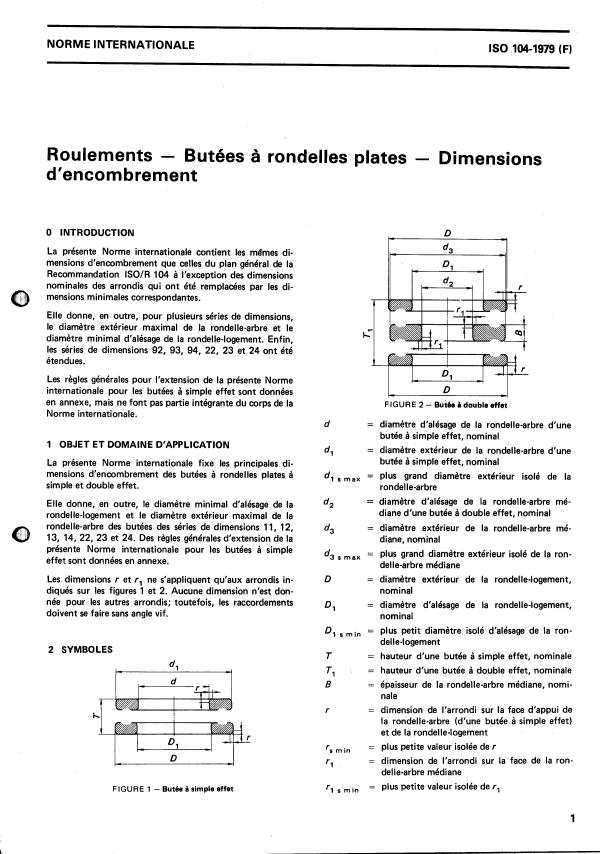 ISO 104:1979 - Roulements -- Butées a rondelles plates -- Dimensions d'encombrement