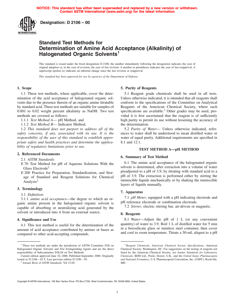 ASTM D2106-00 - Standard Test Methods for Determination of Amine Acid Acceptance (Alkalinity) of Halogenated Organic Solvents