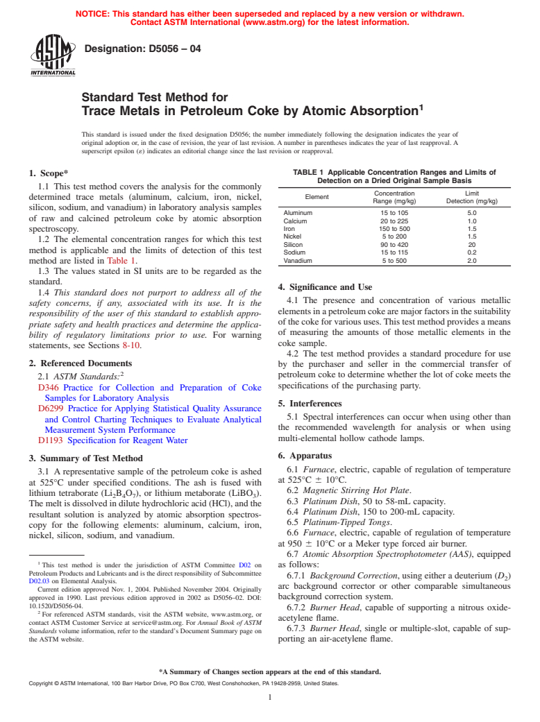 ASTM D5056-04 - Standard Test Method for Trace Metals in Petroleum Coke by Atomic Absorption