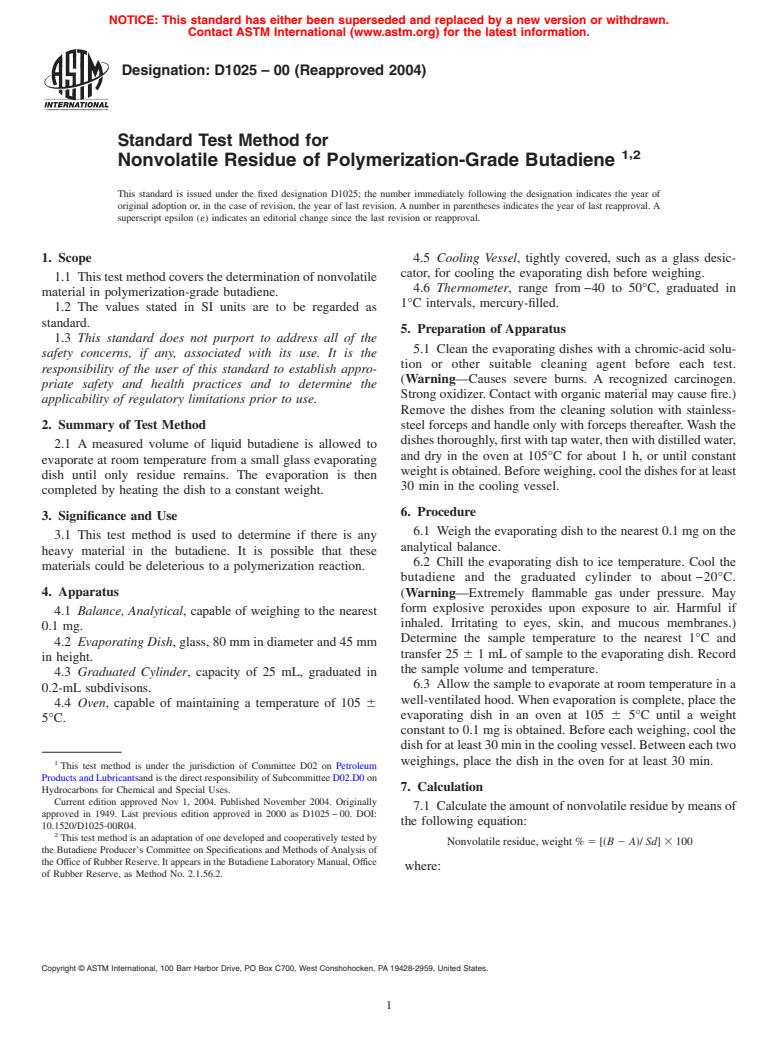 ASTM D1025-00(2004) - Standard Test Method for Nonvolatile Residue of Polymerization Grade Butadiene