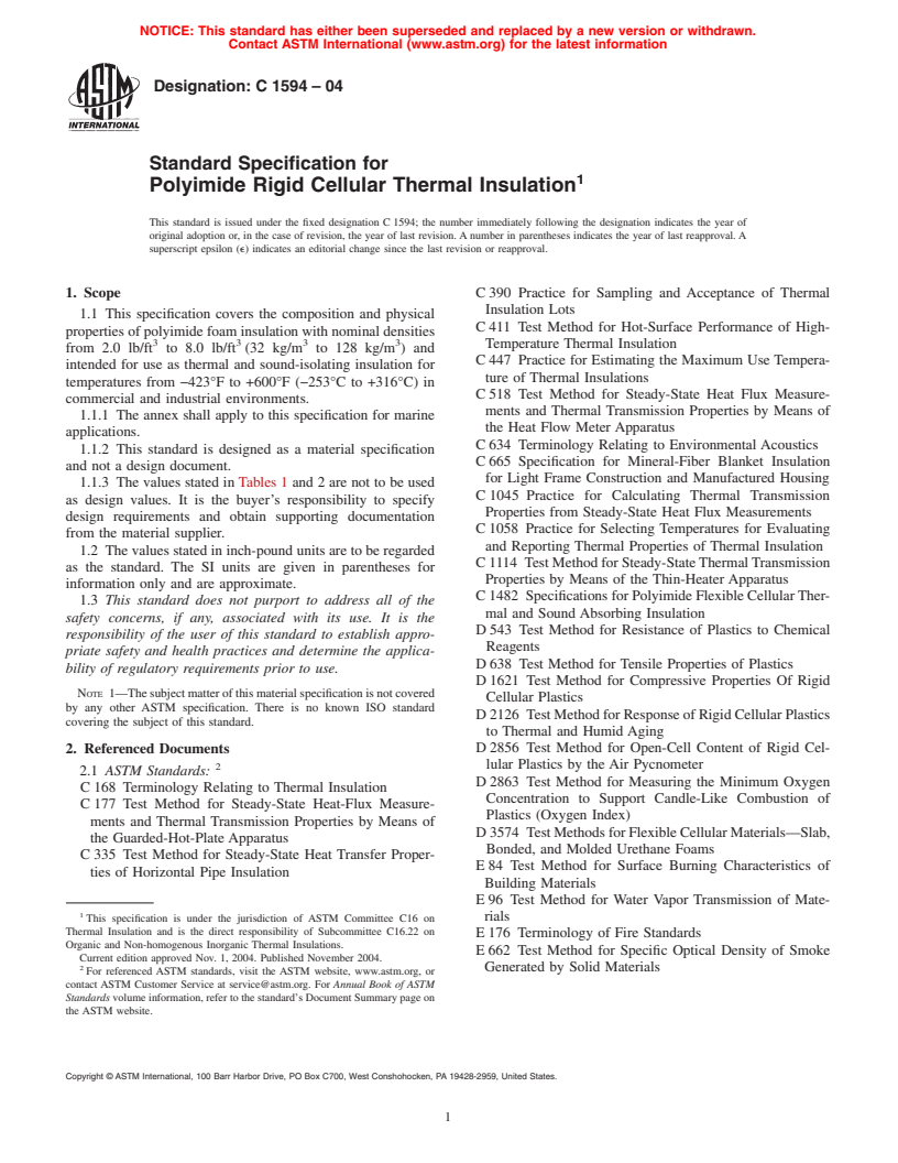 ASTM C1594-04 - Standard Specification for Polyimide Rigid Cellular Thermal Insulation