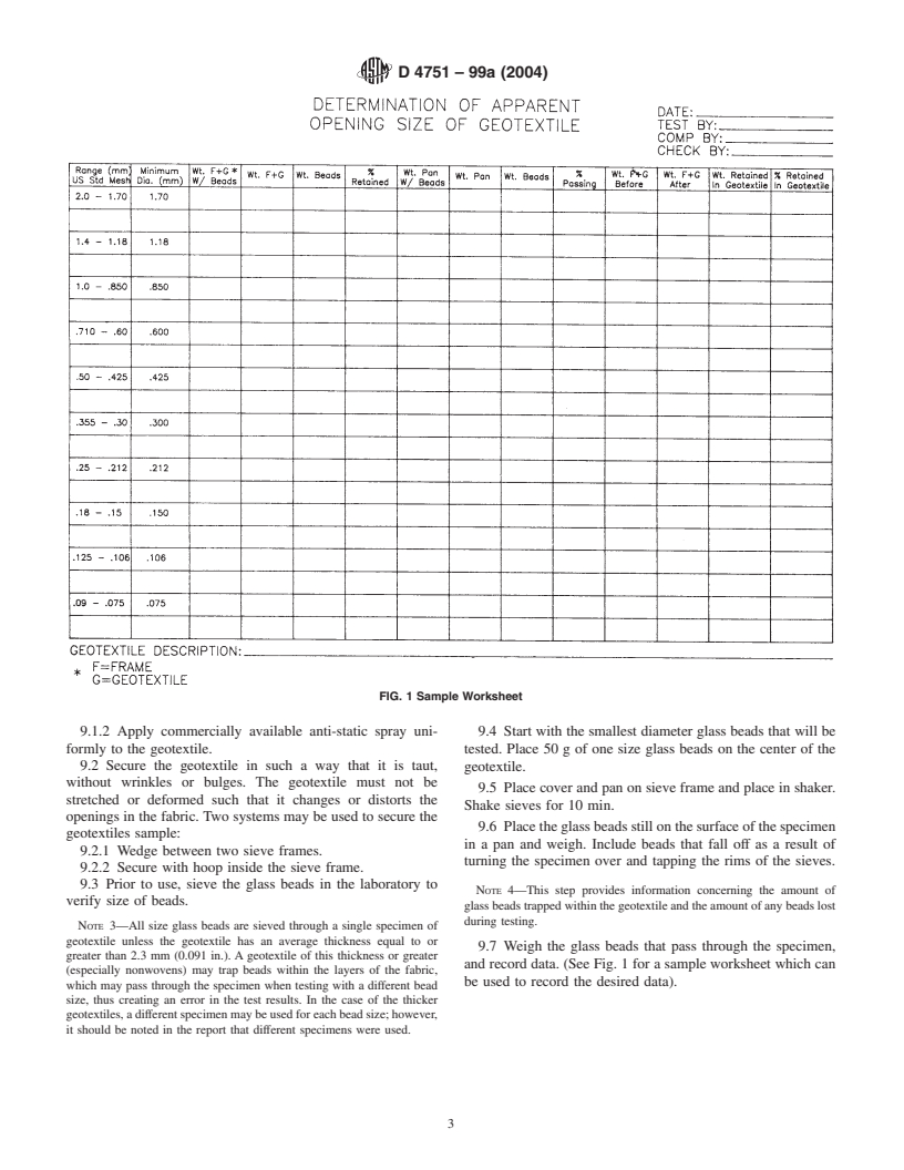 ASTM D4751-99a(2004) - Standard Test Method for Determining Apparent Opening Size of a Geotextile