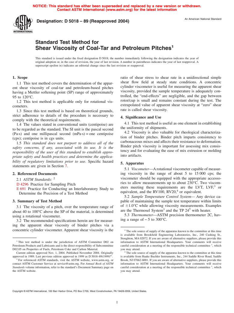 ASTM D5018-89(2004) - Standard Test Method for Shear Viscosity of Coal-Tar and Petroleum Pitches