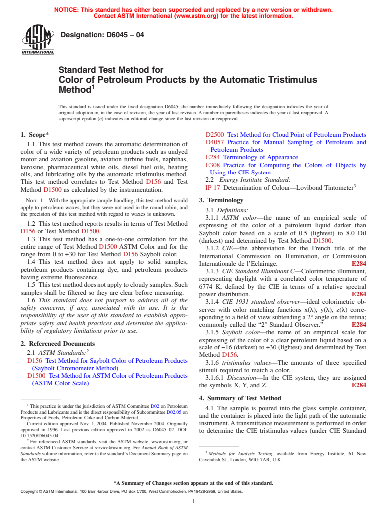 ASTM D6045-04 - Standard Test Method for Color of Petroleum Products by the Automatic Tristimulus Method