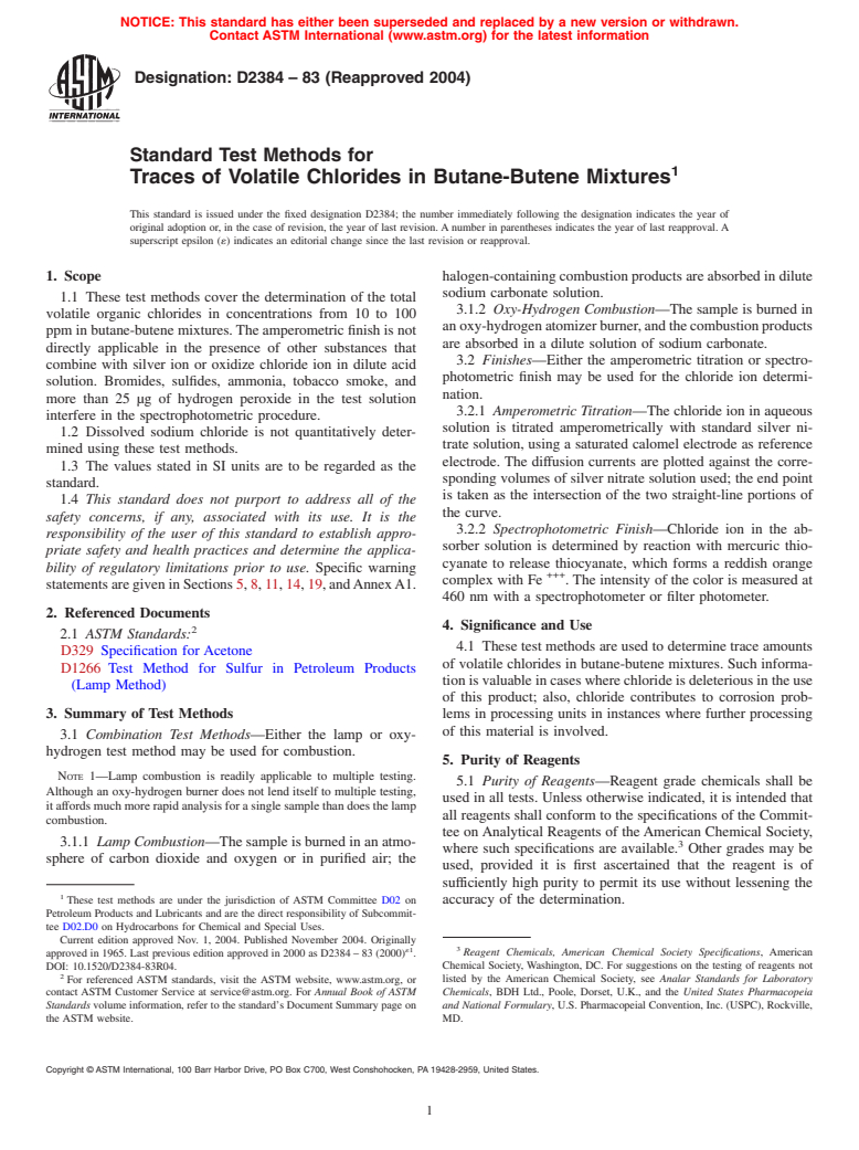 ASTM D2384-83(2004) - Standard Test Methods for Traces of Volatile Chlorides in Butane-Butene Mixtures