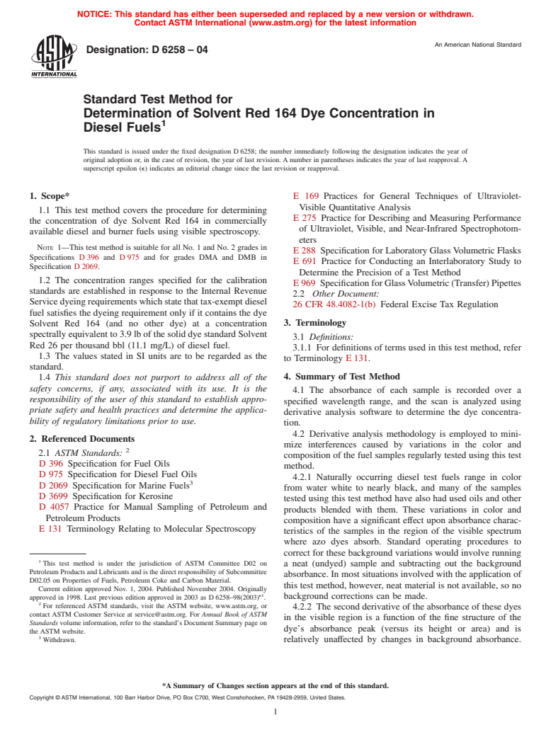 ASTM D6258-04 - Standard Test Method for Determination of Solvent Red 164 Dye Concentration in Diesel Fuels