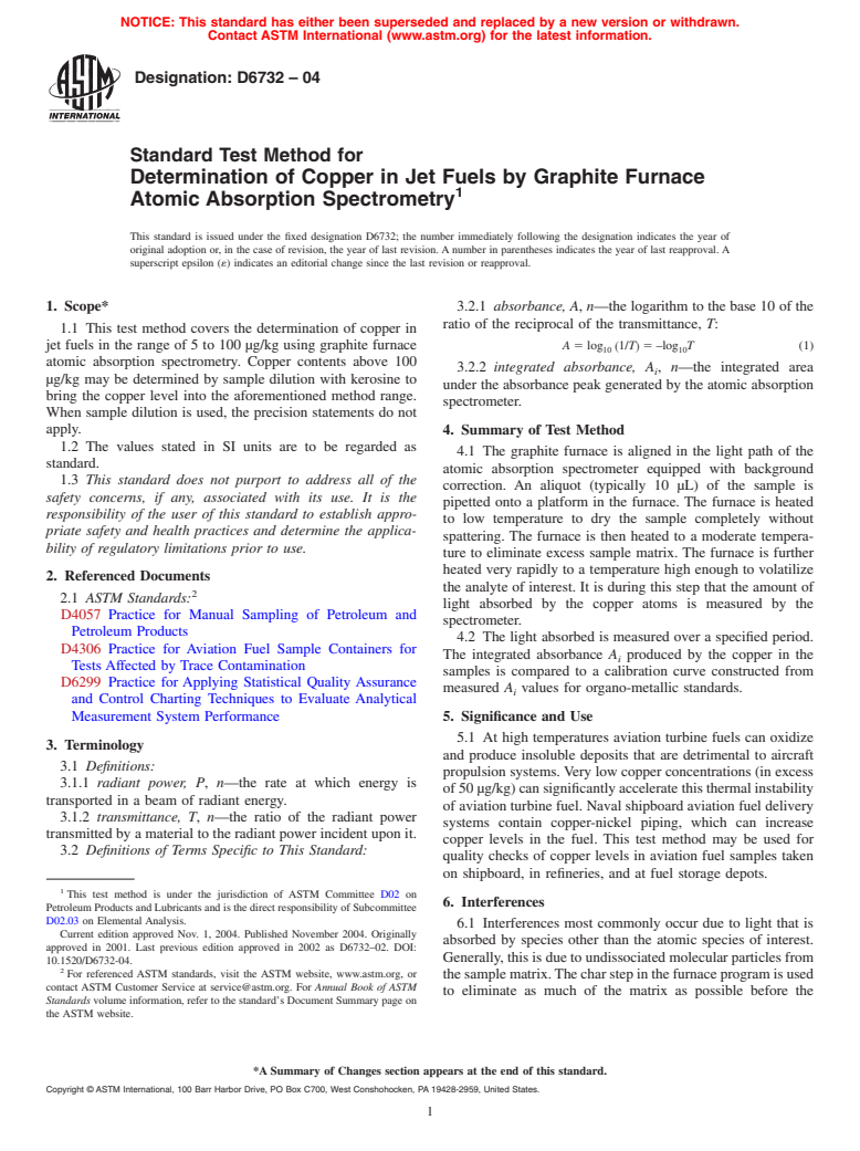 ASTM D6732-04 - Standard Test Method for Determination of Copper in Jet Fuels by Graphite Furnace Atomic Absorption Spectrometry