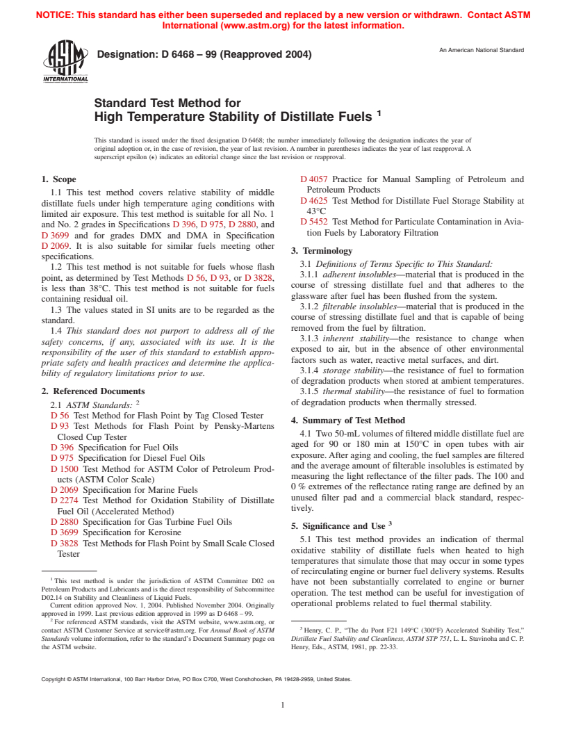 ASTM D6468-99(2004) - Standard Test Method for High Temperature Stability of Distillate Fuels