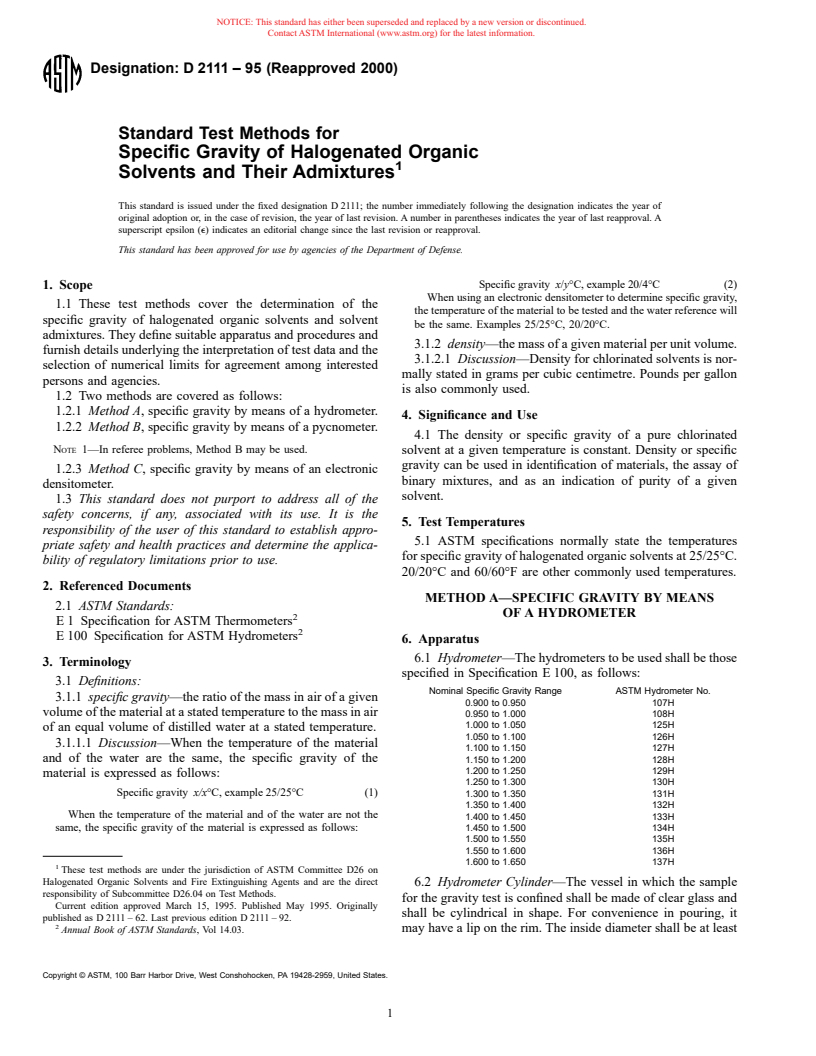 ASTM D2111-95(2000) - Standard Test Methods for Specific Gravity of Halogenated Organic Solvents and Their Admixtures