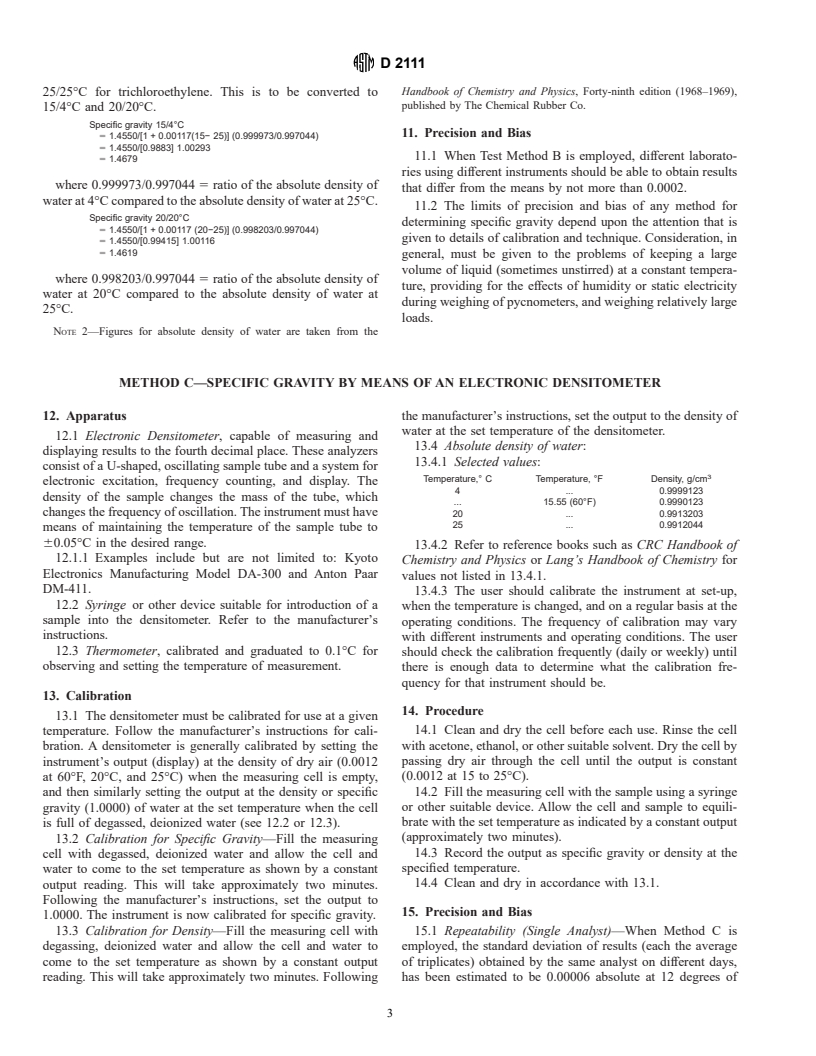 ASTM D2111-95(2000) - Standard Test Methods for Specific Gravity of Halogenated Organic Solvents and Their Admixtures