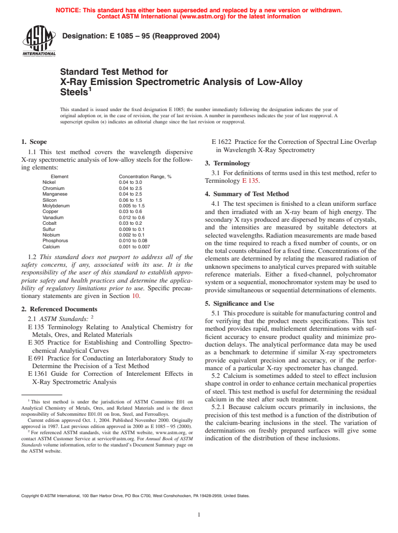 ASTM E1085-95(2004) - Standard Test Method for X-Ray Emission Spectrometric Analysis of Low-Alloy Steels