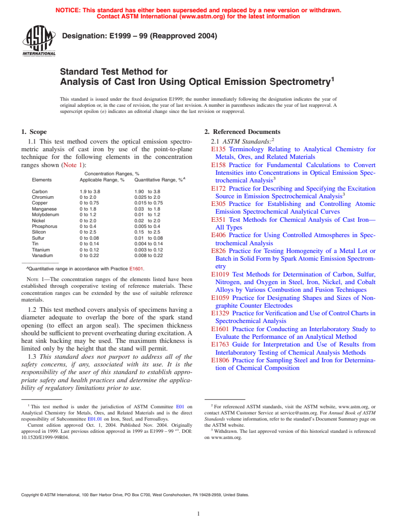 ASTM E1999-99(2004) - Standard Test Method for Analysis of Cast Iron Using Optical Emission Spectrometry