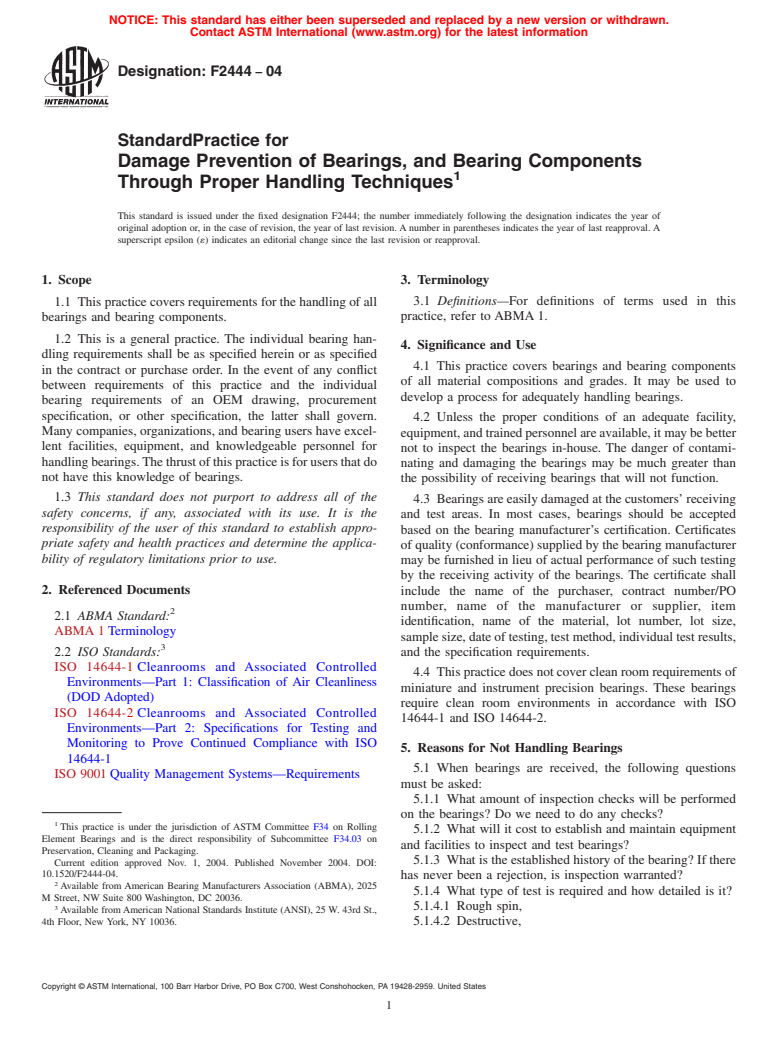 ASTM F2444-04 - Standard Practice for Damage Prevention of Bearings, and Bearing Components Through Proper Handling Techniques