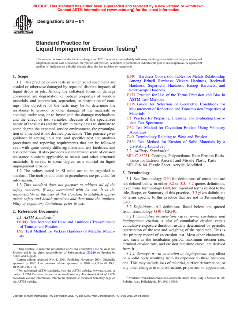 ASTM G73-04 - Standard Practice for Liquid Impingement Erosion Testing