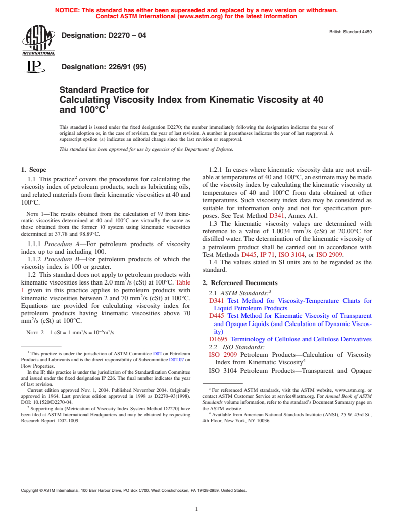 ASTM D2270-04 - Standard Practice for Calculating Viscosity Index From Kinematic Viscosity at 40 and 100&#176C