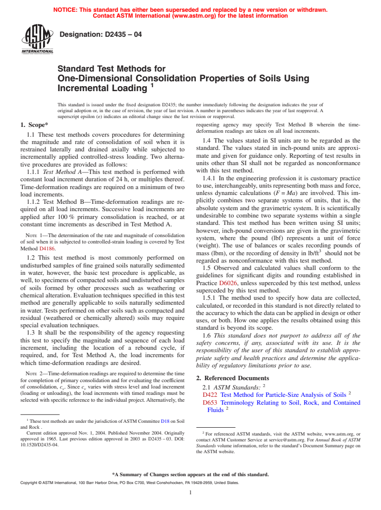 ASTM D2435-04 - Standard Test Methods for One-Dimensional Consolidation Properties of Soils Using Incremental Loading