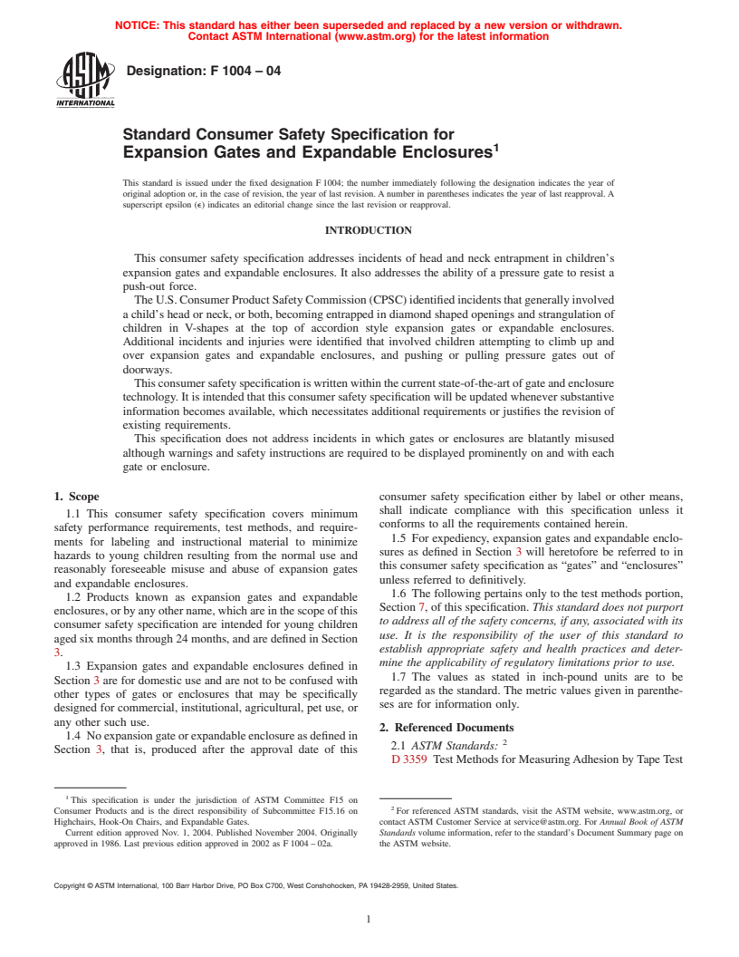 ASTM F1004-04 - Standard Consumer Safety Specification for Expansion Gates and Expandable Enclosures