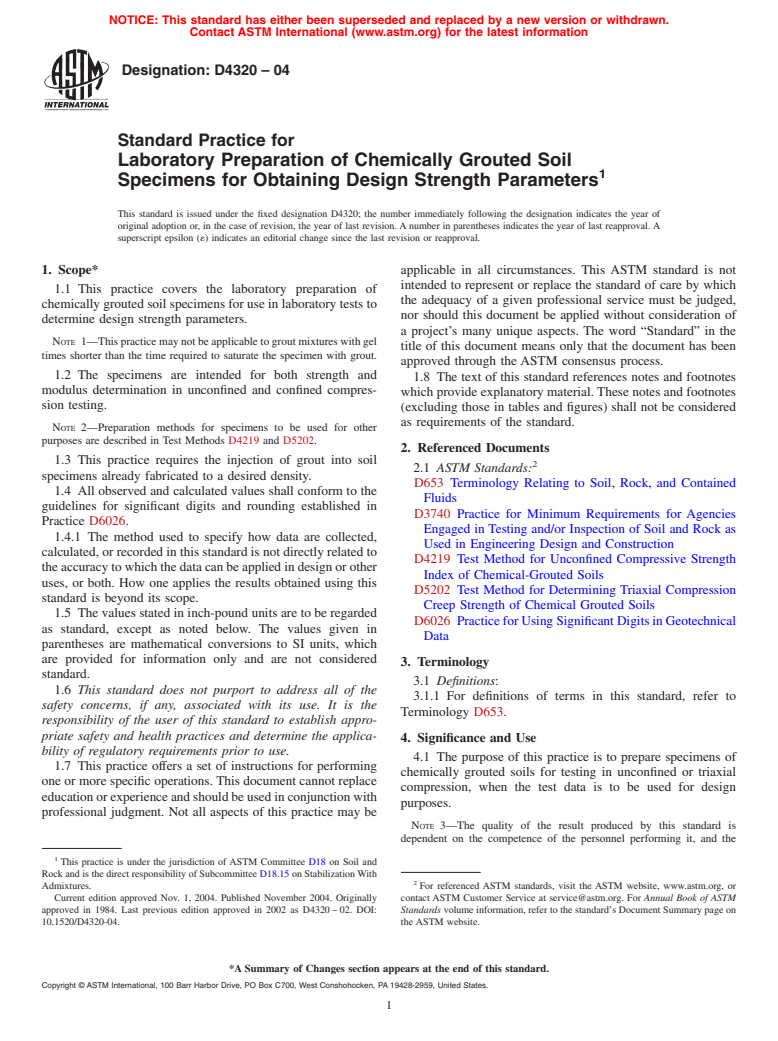 ASTM D4320-04 - Standard Practice for Laboratory Preparation of Chemically Grouted Soil Specimens for Obtaining Design Strength Parameters