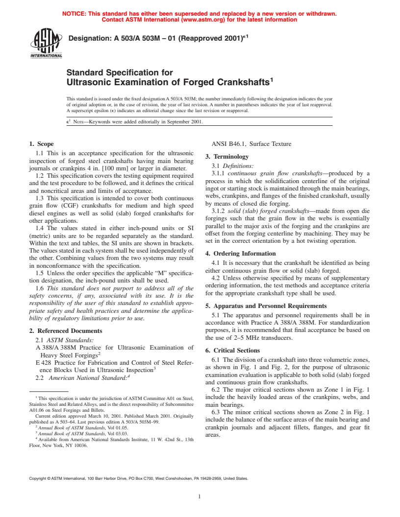 ASTM A503/A503M-01(2001)e1 - Standard Specification for Ultrasonic Examination of Forged Crankshafts
