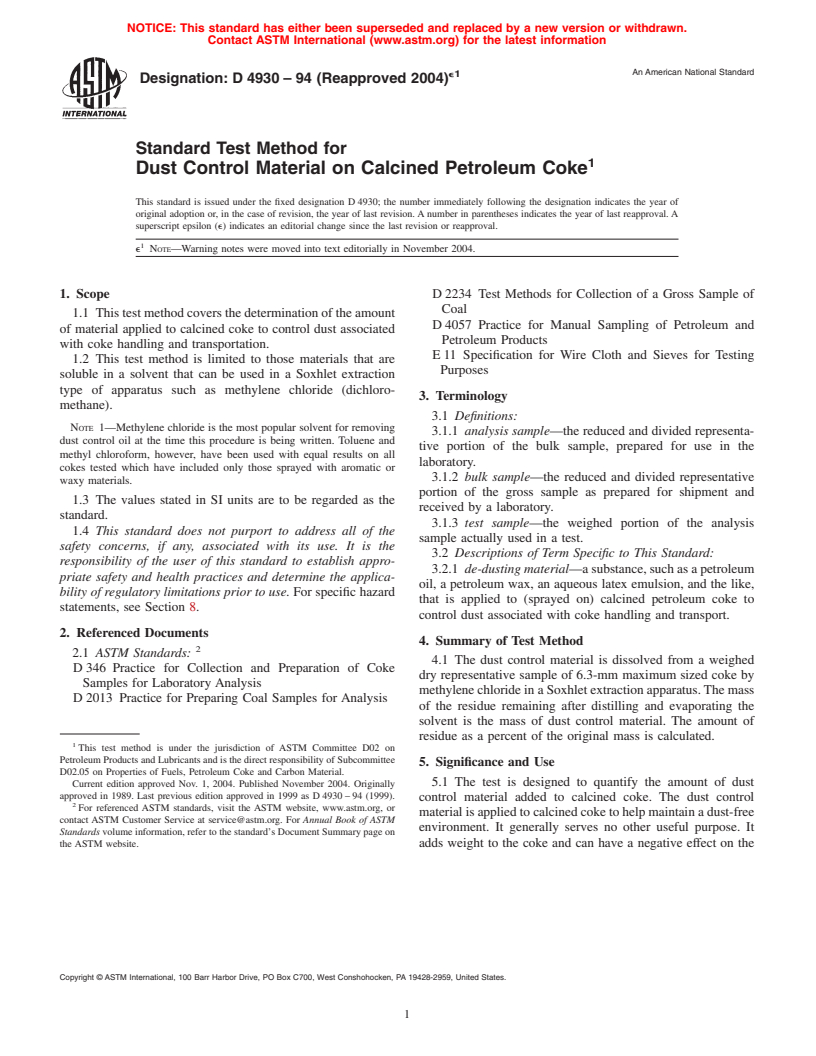 ASTM D4930-94(2004)e1 - Standard Test Method for Dust Control Material on Calcined Petroleum Coke