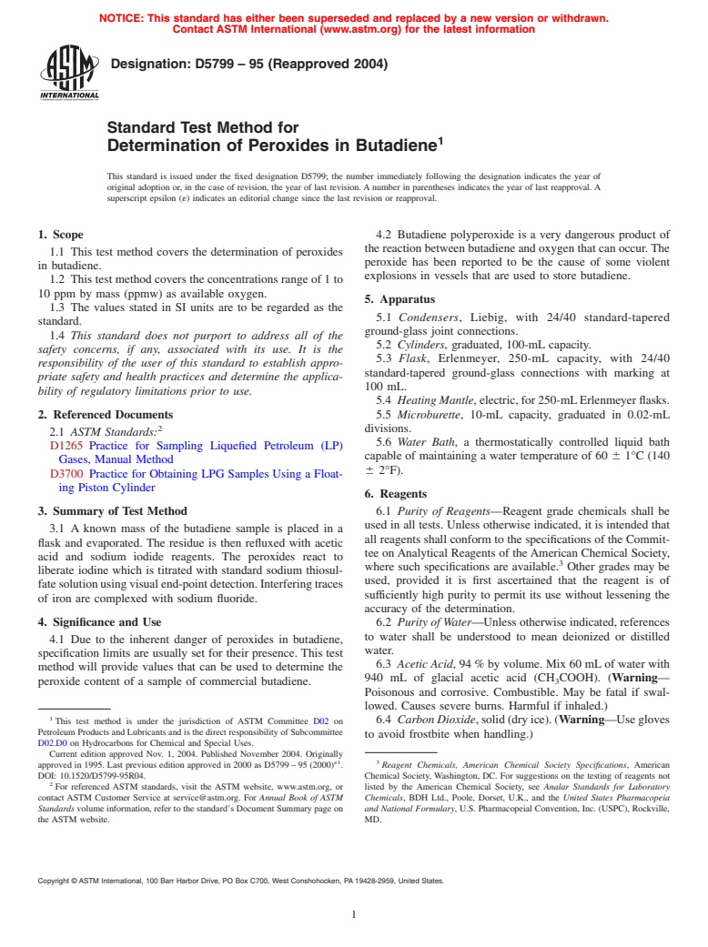 ASTM D5799-95(2004) - Standard Test Method for Determination of Peroxides in Butadiene