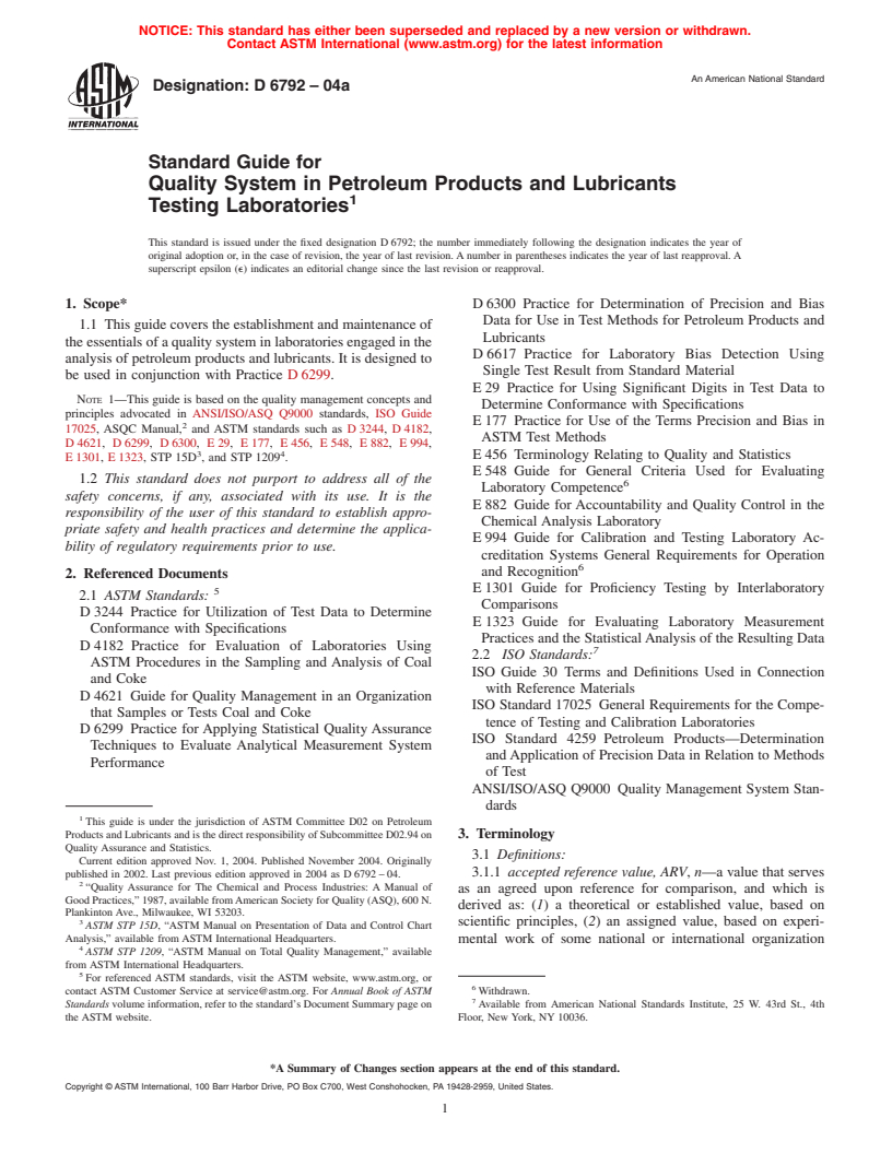 ASTM D6792-04a - Standard Guide for Quality System in Petroleum Products and Lubricants Testing Laboratories