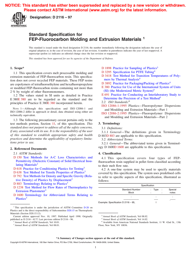 ASTM D2116-97 - Standard Specification for FEP-Fluorocarbon Molding and Extrusion Materials