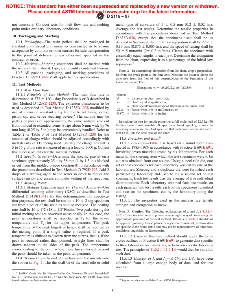 ASTM D2116-97 - Standard Specification for FEP-Fluorocarbon Molding and Extrusion Materials