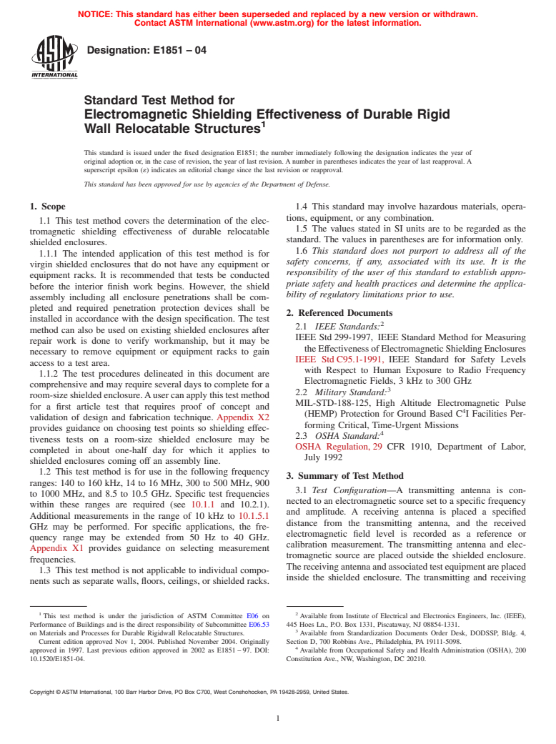 ASTM E1851-04 - Standard Test Method for Electromagnetic Shielding Effectiveness of Durable Rigid Wall Relocatable Structures