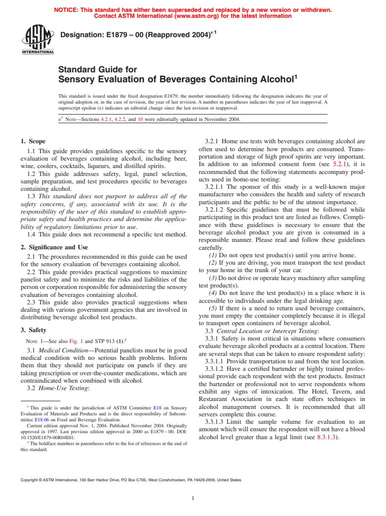 ASTM E1879-00(2004)e1 - Standard Guide for Sensory Evaluation of Beverages Containing Alcohol