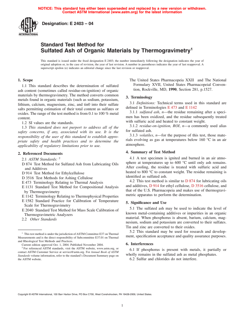 ASTM E2403-04 - Standard Test Method for Sulfated Ash of Organic Materials by Thermogravimetry