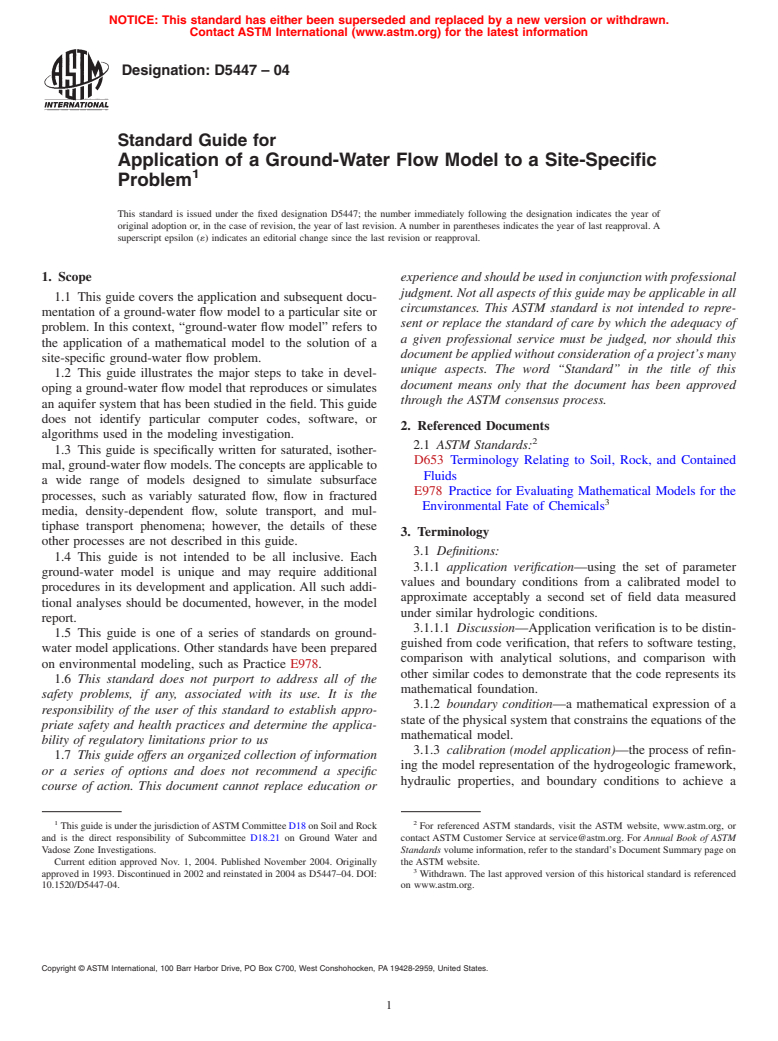 ASTM D5447-04 - Standard Guide for Application of a Ground-Water Flow Model to a Site-Specific Problem