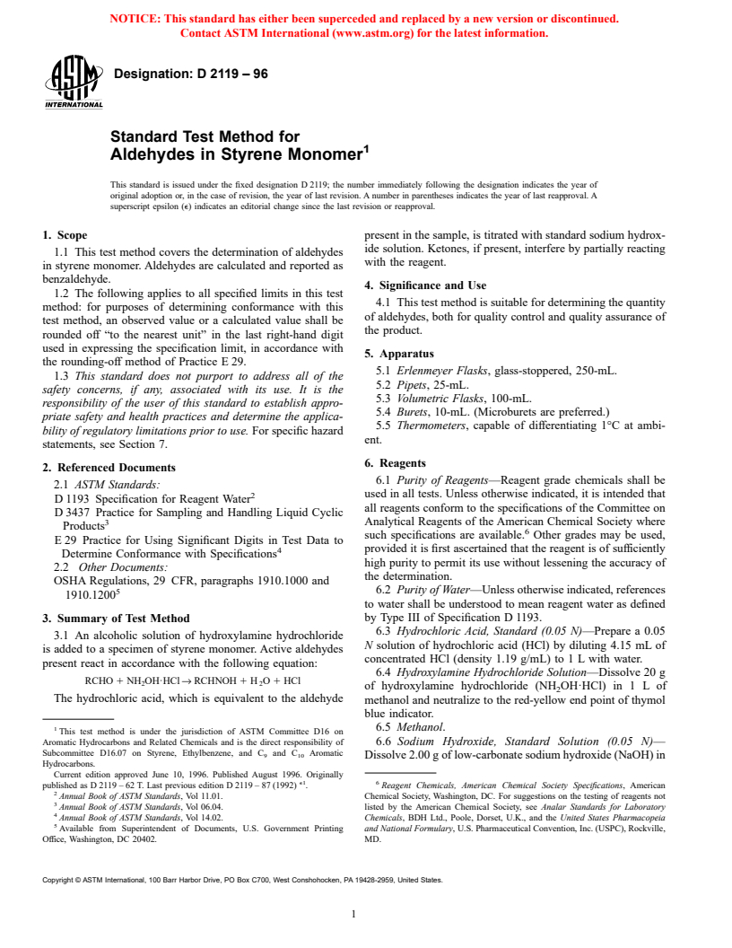 ASTM D2119-96 - Standard Test Method for Aldehydes in Styrene Monomer