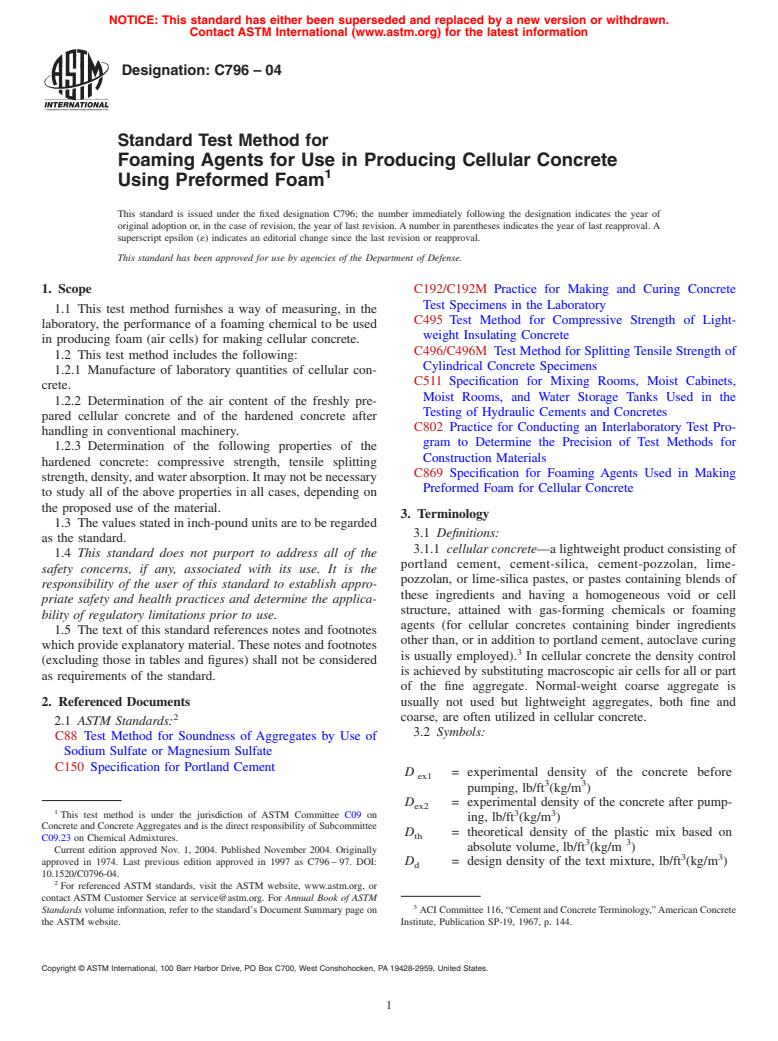 ASTM C796-04 - Standard Test Method for Foaming Agents for Use in Producing Cellular Concrete Using Preformed Foam