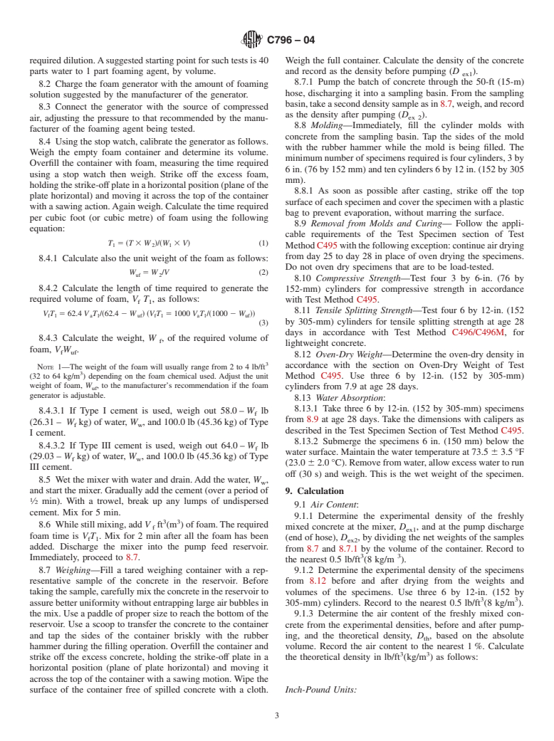 ASTM C796-04 - Standard Test Method for Foaming Agents for Use in Producing Cellular Concrete Using Preformed Foam