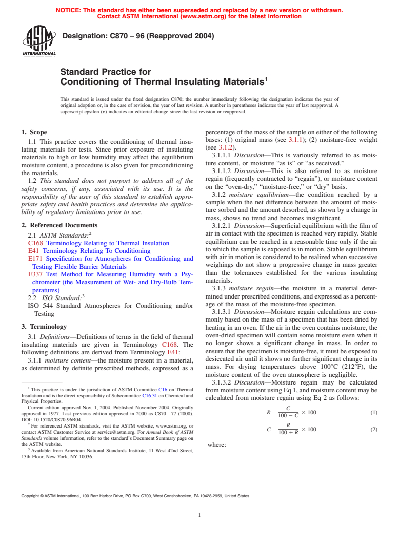 ASTM C870-96(2004) - Standard Practice for Conditioning of Thermal Insulating Materials