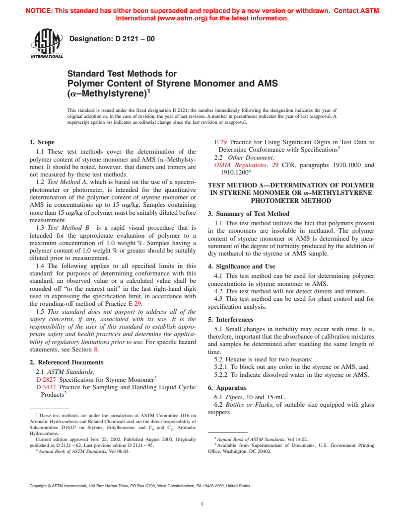 ASTM D2121-00 - Standard Test Methods for Polymer Content of Styrene Monomer and AMS (alpha-Methylstyrene)