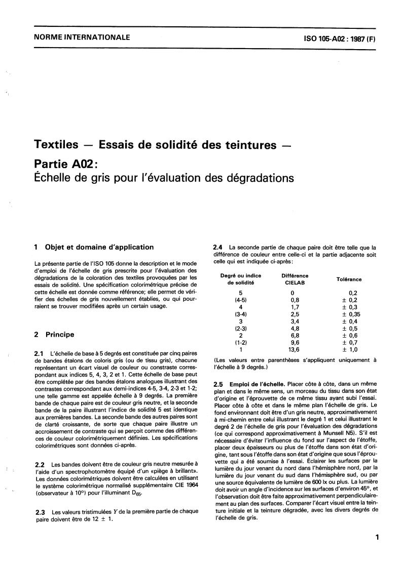 ISO 105-A02:1987 - Textiles — Tests for colour fastness — Part A02: Grey scale for assessing change in colour
Released:12/3/1987
