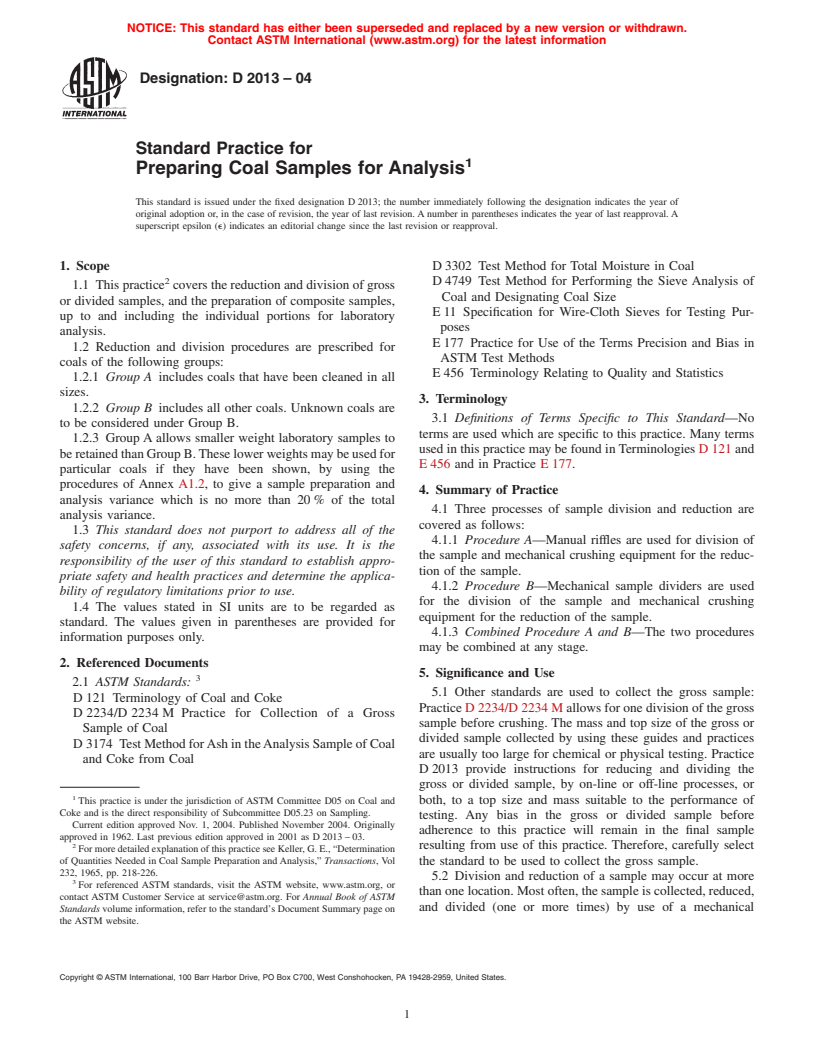 ASTM D2013-04 - Standard Practice of Preparing Coal Samples for Analysis