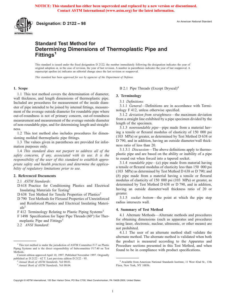 ASTM D2122-98 - Standard Test Method for Determining Dimensions of Thermoplastic Pipe and Fittings