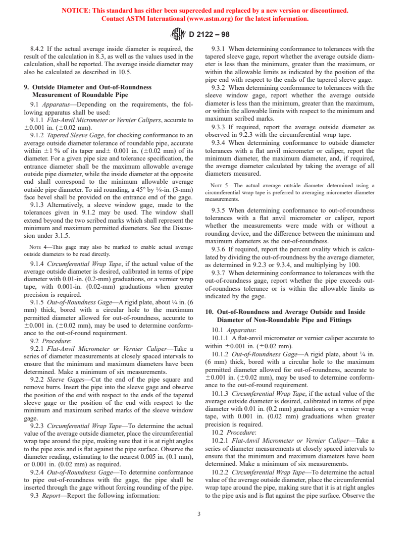 ASTM D2122-98 - Standard Test Method for Determining Dimensions of Thermoplastic Pipe and Fittings