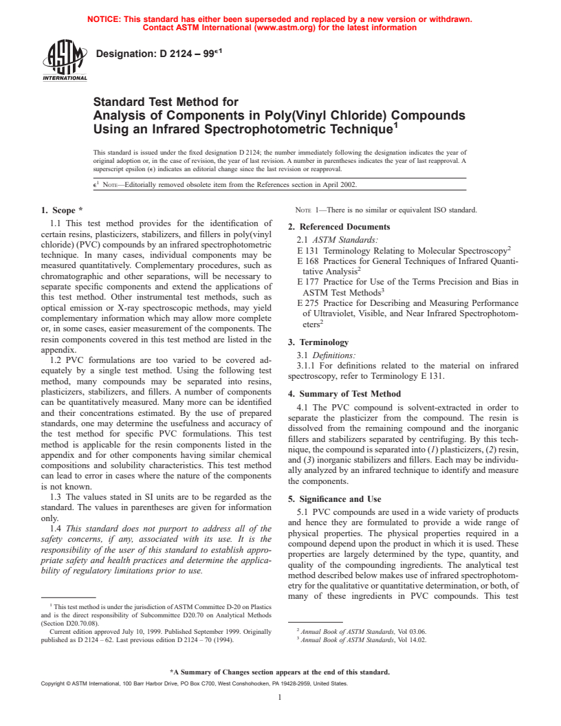 ASTM D2124-99e1 - Standard Test Method for Analysis of Components in Poly(Vinyl Chloride) Compounds Using an Infrared Spectrophotometric Technique