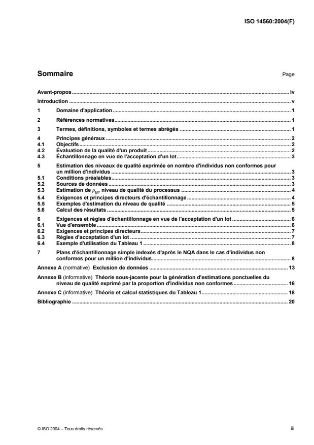 ISO 14560:2004 - Regles d'échantillonnage par attributs en vue d'acceptation -- Niveaux spécifiés de qualité en termes d'individus non conformes pour un million d'individus