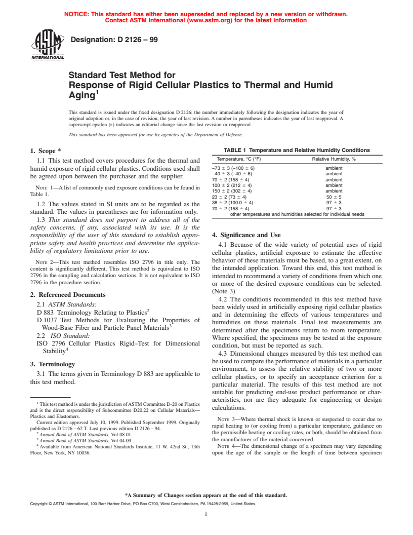 ASTM D2126-99 - Standard Test Method for Response of Rigid Cellular Plastics to Thermal and Humid Aging