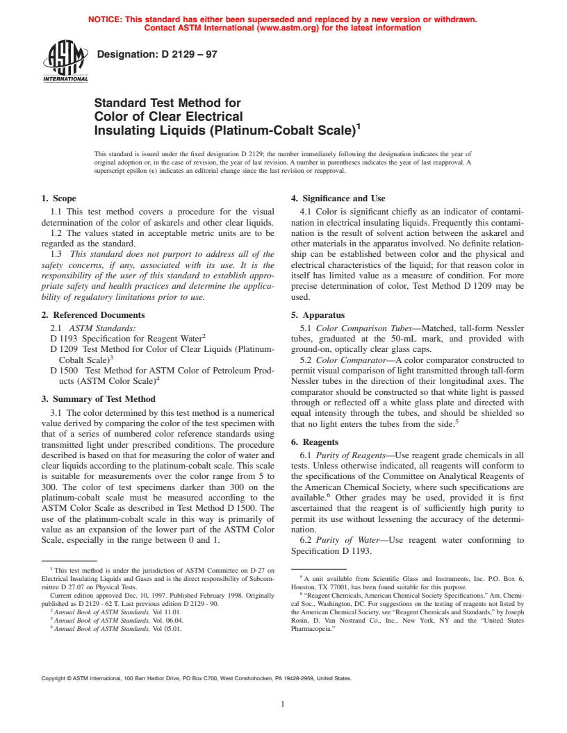 ASTM D2129-97 - Standard Test Method for Color of Clear Electrical Insulating Liquids (Platinum-Cobalt Scale)